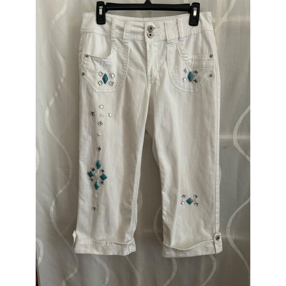Blue Identity White Capri Pants With Rhinestone Embellishments Size 4 - Picture 1 of 6